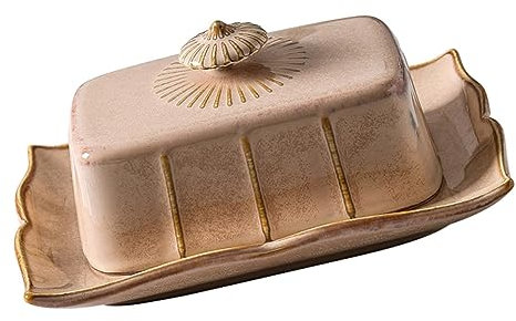 FUNOMOCYA Rectangular Butter Dish Lid Ceramic Butter Holder and Cheese Plate Khaki Color Vintage Style for Home Kitchen Serving