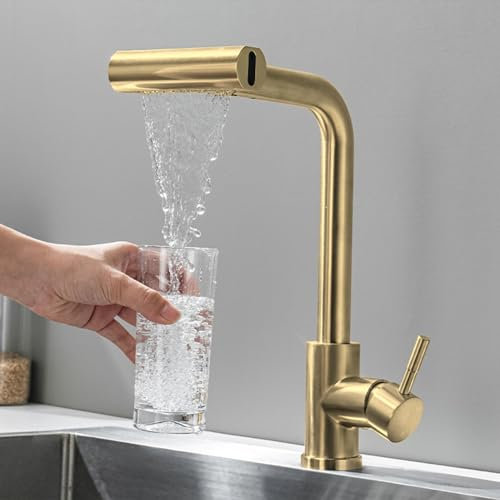 Mitigeur de cuisine avec douchette extractible et bec cascade Doré brossé