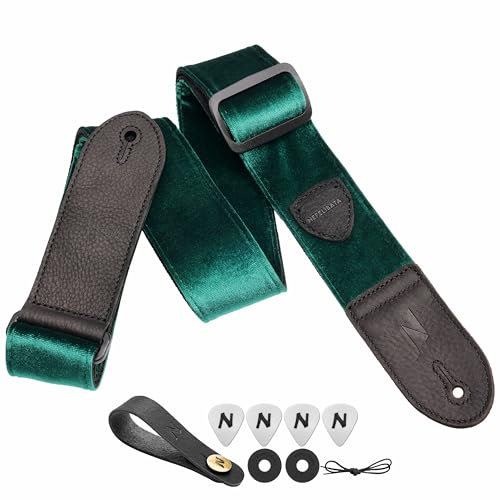 Nefelibata Gitarrengurt,Doppeltes Vollnarbenleder,Vintage Velvet Strap/FREE BONUS-4 Plektren+Strap Locks+Strap Button,Geschenk für Bass,Elektro&Akustik Gitarren(Weinlese Weihnachtsgrün)