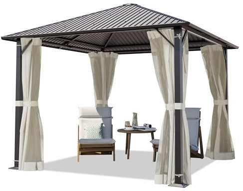 TOOLPORT Garden Gazebo 3x3 m with Steel Roof - Hardtop Pavilion with 4 Curtains and 4 Mosquito nets in cream