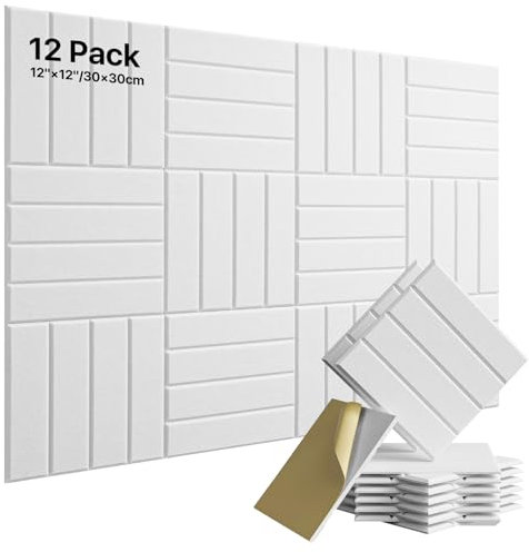 Soundsbay Acoustic Wall Panels Self-adhesive, 12 Pack Sound Proofing Panels High Density Sound Absorbing Panels for Podcast Studio, Living Room, Offices, White 30x30x0,9cm