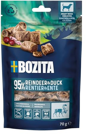 Bozita Meaty Bites Hundesnack mit 95% Rentier & Ente – 70 g getreidefreie Hundeleckerlies ohne Huhn & Glyzerin – schmackhafte Dog Treats, ideal als Leckerli für Hunde beim Training & zur Belohnung