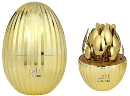 Lalit Kishori Premium Cutlery Sets with oval-shaped Stand | Stainless Steel Flatware in Modern Look 24 pcs (Gold, Medium)