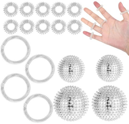 Skills Borderline Set mit 4 Igelball in 32mm und 47mm Kugeldurchmesser, Plus 10 Akupressur Ring und 4 Akkupressurarmbänder, Massagebälle können zur Massage von Rücken, Beinen, Händen (Silber)