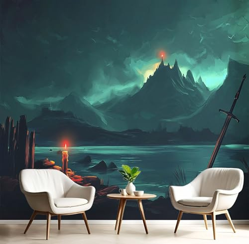 Fototapete 3D Effekt Inselkerzen See - Seidenstoff Tapete Wohnzimmer Schlafzimmer Küche Dark Fantasy Tapete, Smaragdgrün Wandtapete UV-Beständig, 250x175cm (B×H) Wanddekoration