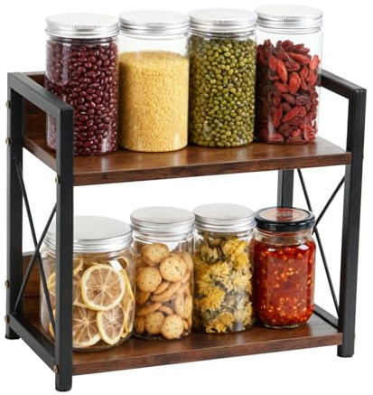 Worephu 2 Tier Wooden Spice Rack, Kitchen Counter Organiser for Spices, Oil Bottles, Coffee Storage, Rustic Design with Stable Structure, Quick Assembly, Versatile for Home and Office Use