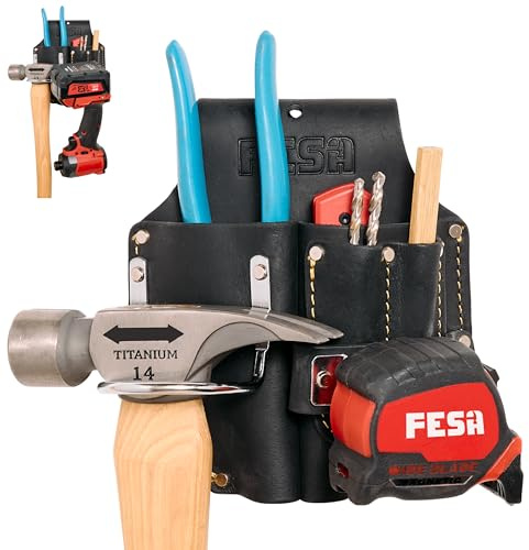 FESA Robustes Leder-Zangenholster – Schweres genarbtes Leder, Doppelzangenhalter für Gürtel mit Stahlhammerhalter, Bandclip und 2 Zimmermanns-Bleistifttaschen – Clip an jedem Gürtel – handgefertigt