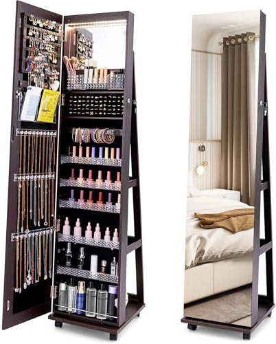 COSTWAY 3 en 1 Armoire à Bijoux sur Roulettes, Organisateur de Bijoux sur Pieds, Miroir Psyché sans Cadre, Lumières LED et Miroir de Maquillage Intégré, Verrouillable, Étagères Réglables (Café Foncé)