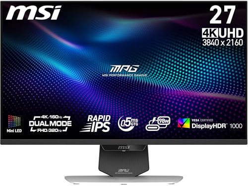 MSI MPG 274URDFWDE E16M 27 Zoll 4K-UHD-Gaming-Monitor, 0,5 ms, weiß | 3840 x 2160 Rapid IPS, DisplayHDR 1000, Mini-LED, Dual-Modus, HDMI 2.1, DP 1.4a, USB C (98 WPD), neigbar/höhenverstellbar