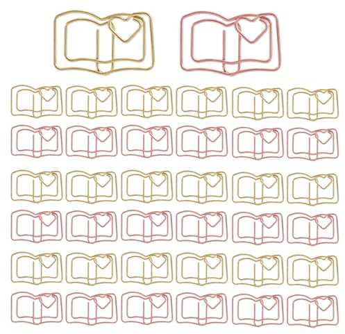 50Pcs Book Shaped Paper Clips, Rose Gold & Gold Decorative Metal Clips | Electroplated iron build, rust-resistant, holds 15 sheets, doubles as page marker for journals, scrapbooks & invitations