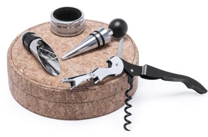 Set de Vino 5 Piezas en Estuche Corcho Natural | Sacacorchos 2 Tiempos, Tapón, Dosificador, Recogegotas Acero Inoxidable | Kit Vino Regalo Sommelier