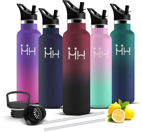 Trinkflasche Edelstahl, 500ml Trinkflasche Kinder, Wasserflasche mit Strohhalm, BPA-Frei, Wasserflasche Auslaufsicher, 24h Kalt & 12h Warm, Isolierflasche Doppelwandig, für Schule, Büro, Picknick