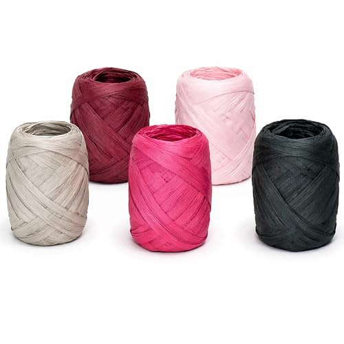 Papierband Raffiabast 5 Rollen Set je 20m - Geschenkband Raffia Papier Schnur Craft Verpackung - Bastband Papiergarn zum Binden Verzieren - Bänder für Geschenke Deko - Rosa Beere Schwarz Mix