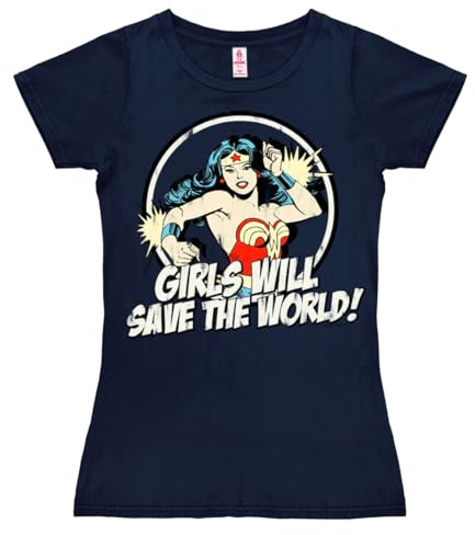 Logoshirt® DC Wonder Woman Girls Will Save The World T-Shirt Damen | Offiziell lizenziertes Wonder Woman-Merch, Vintage-Comic-Motiv, 100% Baumwolle, hochwertiger Frontprint, ideal für Comic-Fans