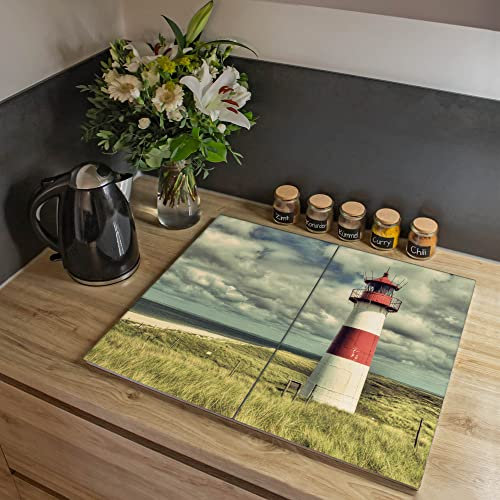 banjado® Herdabdeckplatte Glas 2-teilig 60x52 cm/Schneidebrett Herdabdeckung mit Motiv Leuchtturm Sylt/Herdabdeckplatten Ceranfeld 2teilig / Schneidebrett Glas individuell einsetzbar