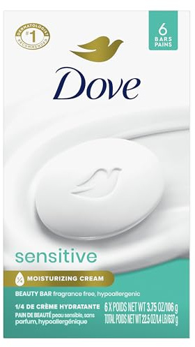 Dove Beauty Bar Soap Sensitive, 6 Bars for Sensitive Skin, Fragrance Free and Hypoallergenic 3.75 oz