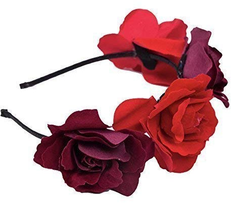 Adult/Kids Halloween 'Day of The Dead' Rose Flower Floral Festival Headband (Red/Fuchsia)