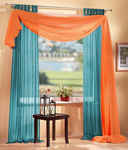 Gardinen Set, 2 x Schlaufenschal Voile, transparent, 245x140, Türkis, 1 x Voile Querbehang, Freihanddeko, 140x600, Orange, 61000560