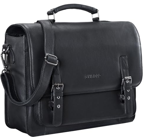 STILORD 'James' Sac de Professeur Cuir Vintage Cartable pour Enseignant Professeur Sac à Bandoulière pour PC Portable A4 en Cuir véritable, Couleur:Noir