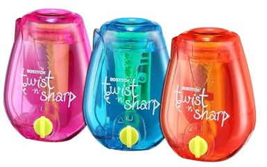 Bostitch Office Pencil Sharpener, Twist-N-Sharp, Easy Open Tray, Perfect for Kids, Works with Colored Pencils & Makeup Pencils, 3-Pack