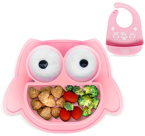 BRUNOKO Plato para bebé con ventosa Plato con ventosa para bebé con babero - Plato antivuelco de silicona para bebé con mantel individual - Vajilla para bebé segura para lavavajillas y microondas