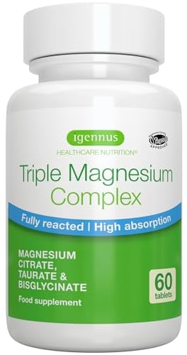 Igennus Fortschrittlicher Dreifach-Magnesium-Komplex, vollständig ausreagiertes & chelatiertes Glycinat, Taurat & Citrat, Clean Label, hohe Bioverfügbarkeit & Absorption, 60 Tabletten, Vegan