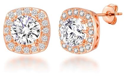 Philip Jones Rose Gold Plated Square Halo Earrings Created with Zircondia® Crystals