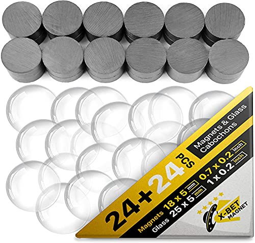 X-bet MAGNET Ceramic Magnets for Crafts with Transparent Glass Cabochons - Clear Glass Dome 1 inch (25mm) and Ferrite Magnets .709 inch (18mm) Round Disc - Small Refrigerator Magnets(24 + 24 Pcs)