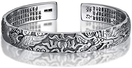 Daesar 999 Silber Armband Freundschaft Drachen Phoenix Cuff Armband mit Buddhistische Sutra 60 MM Herren Armband Silber Parterarmband