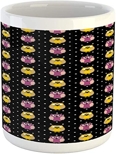 Birds Mug,Childish Style Owls in Repeating Pattern on Dotted Dark Background,Ceramic Coffee Mug Cup for Water Tea Drinks,11 oz,Black Yellow and Pale Purple