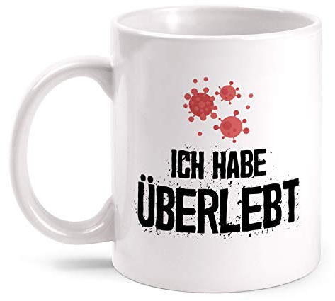 Fashionalarm Tasse - Ich Habe überlebt - beidseitig Bedruckt mit Spruch | Apokalypse Hamsterkäufe 2020 COVID-19 Corona-Satire Grippe Virus, Weiß 330 ml