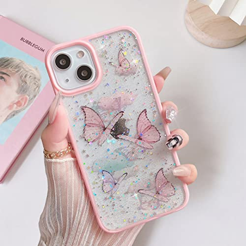 ZTOFERA TPU Back Case for iPhone 13, Transparent Clear Liquid Silicone Case with Butterfly Pattern, Anti-scratch Shockproof Flexible Bumper Cover for iPhone 13 (6.1) - Pink Butterfly
