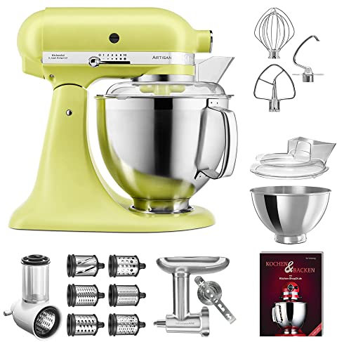 KitchenAid Küchenmaschine - P21 Profi Set Deluxe 185er (NM) - 5KSM185PSEKG inkl. Gemüseschneider (5KSMVSA), Zusatztrommeln (5KSMEMVSC), Fleischwolf Metall (5KSMMGA) und Kochbuch (Kochen & Backen)