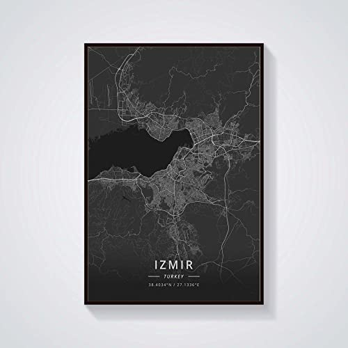 Leinwand Bilder,Izmir Türkei Stadtplan Wandkunst Poster Moderne Große Drucke Bilder Schwarz Und Weiß Stadt Rechteck Gemälde Pop Wandmalereien Kunstwerk Für Wohnkultur, 70X100Cm / 27.55X39.37 In