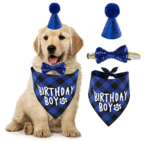 Hund Geburtstag Hut Bandana Set Hunde 3Stk Hundegeburtstagskrawatte Hundegeburtstagsparty für Junge Mädchen Welpenkatzenhaustier Blau