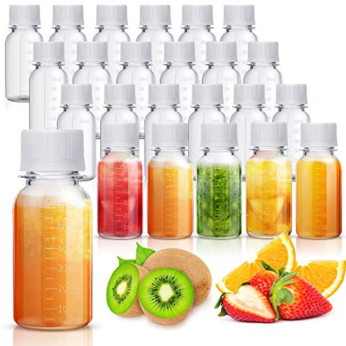 Zubebe 24 Pcs Plastic Bottles with Caps Clear Ginger Shots Bottles with Lids Leak Proof Small Juice for Freezer Mini Water Containers for Drink Milk Beer Coffee Liquid(2 oz)