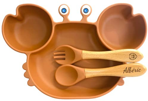 Ensemble repas complet pour enfant avec assiette à ventouse, couverts personnalisés - Idéal pour baptême et naissance - Cadeau original pour bébé - Kit coffret diner pratique et élégant (Ocre)