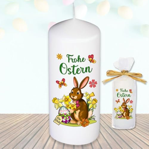 Stumpenkerze Kerze - Frohe Ostern Osterhase und Osterei - Für Dich zu Ostern bunte moderne Motive Farben mit Geschenkfolie und Schleife Osterkerze in Geschenkverpackung als Ostergeschenk