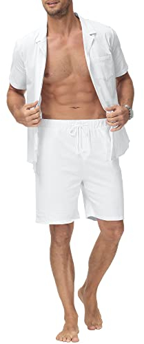 YAOHUOLE Herren 2 Stück Baumwolle Leinen Set Button Down Hemd Langarm Casual Strand Hose Sommer Yoga Outfits Weiß M