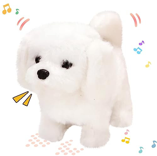 Hopearl Laufender Hund Bichon Interaktiv Elektronisches Haustier Plüsch Spielzeug Welpe Wuff und Bewegend Animiert Nickender Kopf Geschenke für Kleinkinder Geburtstag, Weiß, 18 cm