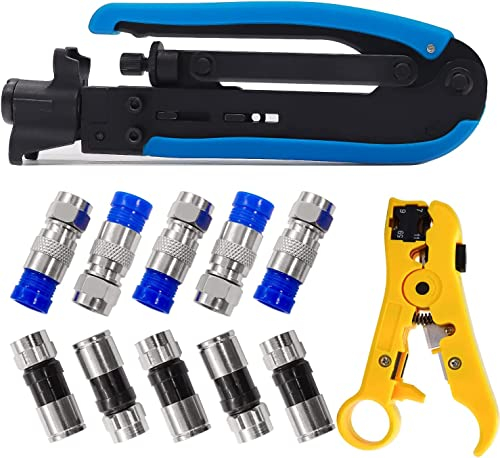 mxuteuk Koaxialkabel-Crimper Set, Koaxial Kompression Werkzeug Kit Einstellbare RG6 RG59 RG11 75-5 75-7 Koaxial Kabel Crimper Kit Mit 10Pcs F Art RG6 Kompression Stecker G025-BU/G026-Y