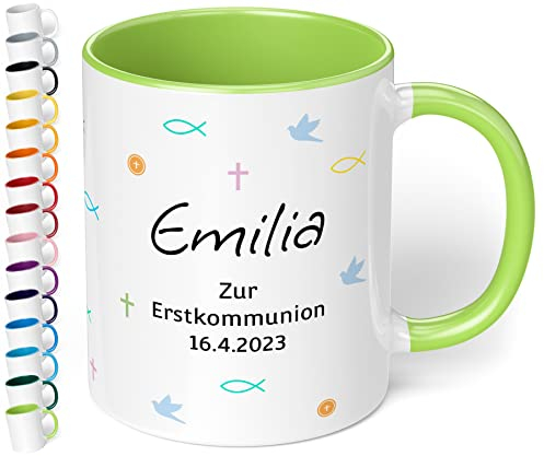 Tasse zur 1. heiligen Kommunion mit Namen & Datum personalisiert „Zur Erstkommunion“ – Mädchen & Jungen - Kommunions-Geschenke von Paten Eltern Oma 330ml Keramik (Hellgrün)