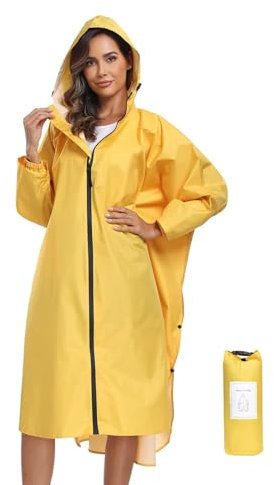 SaphiRose Regenponcho mit Kapuze und Reißverschluss, lange Ärmel, für Herren, Damen, Erwachsene, gelb, Einheitsgröße