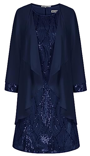GRACE KARIN Damen Vintage Glänzendes Pailletten Ärmelloses Partykleid mit Rundhalsausschnitt Elegant Zweiteiliger Sommerkleid Dunkelblau L