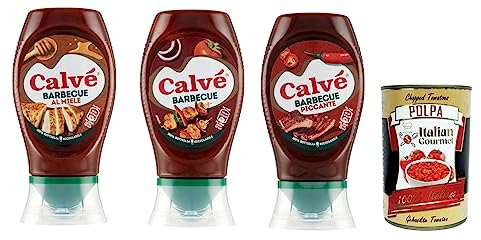 Calvé Salsa Lot de 3 boîtes de sauce barbecue au miel, Piccante et Classic 3 x 250 ml + Polpa Gourmet italienne 400 g