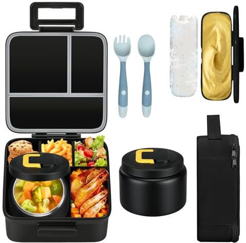 MAISON HUIS Bento-Lunchbox mit 237 ml Suppen-Thermo, 5 Fächern, auslaufsicherer Behälter, Thermobehälter für heiße Speisen und isolierte Lunchtasche, BPA-frei, für Reisen, Schule (schwarz)