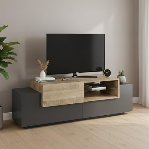 Dmora - TV-Schrank Pablo, niedriges Wohnzimmer-Sideboard, Fernsehständer-Basis, 100% Made in Italy, 160 x 45 x 51 cm, Anthrazit und Ahorn,