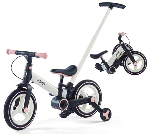 JMMD Bicicletta Senza Pedali con Rotelle di Addestramento e Pedali Regolabili, Triciclo per Bambini con Maniglia Regolabile, Sicuro con Freni e Cavalletto, Età 18 Mesi-5 Anni, Rosa