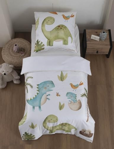 Bettwäsche Kinder Mako Satin Kinderbettwäsche Set aus 100% Baumwolle Aymando | 1x Bettbezug 135x200cm, 1x Kissenbezug 80x80cm | Saum und Reißverschluss goldfarben | Dino