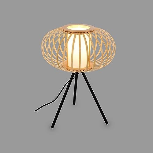 BRILONER – Bambus Nachttischlampe, Schreibtischlampe Holz, Tischlampe Kabelschalter, Leselampe, Boho, Zimmer Deko, Lampe, E27 Fassung, 28x39,5 cm (DxH)